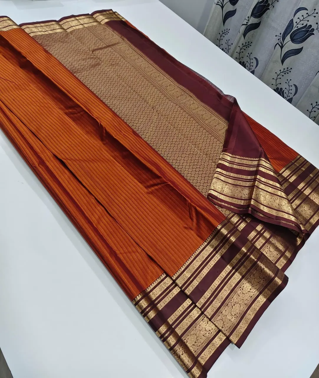 Burnt Orange Striped Body Designed Kanchipuram Silk Saree